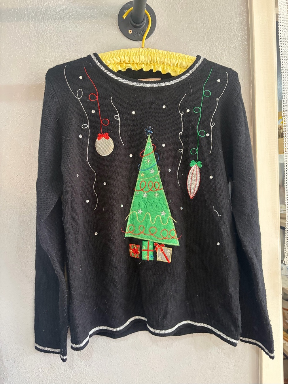White Stag Black Crewneck Sweater with Green Christmas Tree Embroidery